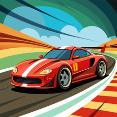 Naklejka premium A vibrant illustration of a red race car speeding around a track, perfect for capturing the thrill of motorsport. This dynamic image is ideal for automotive branding, sports-themed projects.