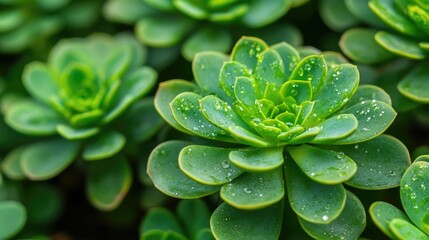 Closeup view of water droplets glistening on the leaves of drought resistant succulent plants in an eco friendly garden setting  The shallow depth of field creates a soft blurry background