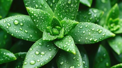 Fototapeta premium Closeup macro shot of water droplets glistening on the leaves of drought tolerant eco friendly plants in a lush green garden The deep depth of field creates a blurred