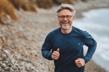 Active Middle Age Man Running Along Beach, Enjoying Athletic Exercise by the Sea