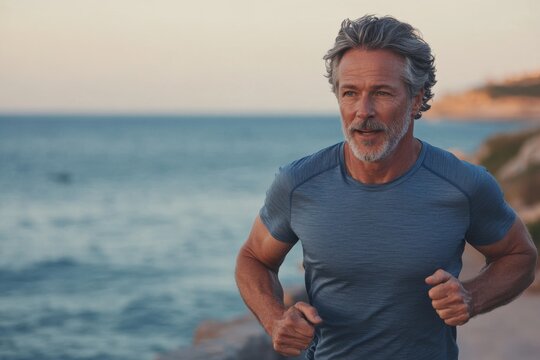Active Middle Age Man Enjoying Beach Run, Athletic Caucasian Adult Running by the Sea