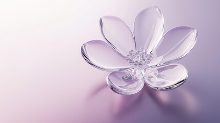 Elegante, gläserne Blume auf minimalistischem Hintergrund in sanften Pastelltönen. Transparente, filigrane Struktur mit zartem Schimmer. Kunstvolles Design