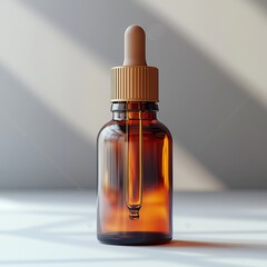 Fototapeta premium Elegant amber glass dropper bottle with soft sunlight and minimalist shadows