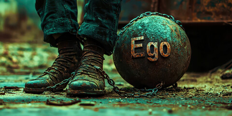 A person is chained to a large ball with the word Ego written on it