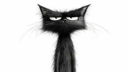 A cartoon black cat with a grumpy expression, standing tall with long whiskers.
