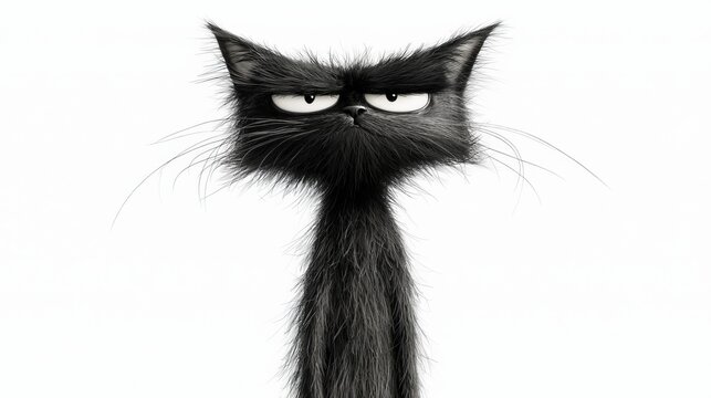 A cartoon black cat with a grumpy expression, standing tall with long whiskers.