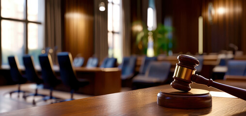 A judge's gavel sits on a wooden table in a courtroom
