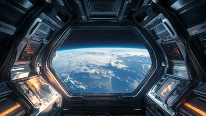 close-up of window from the inside of spaceship, looking out at planet Earth