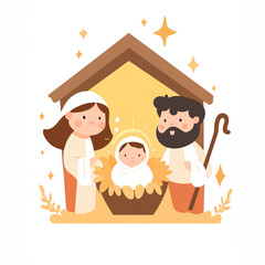 Fototapeta premium Christmas. Nativity Scene:Mary, Joseph, baby Jesus Christ in the manger. Christian Religious Illustration, Background, Banner