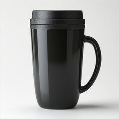 Sleek black travel mug with lid on white background for modern lifestyle and eco-friendly convenience