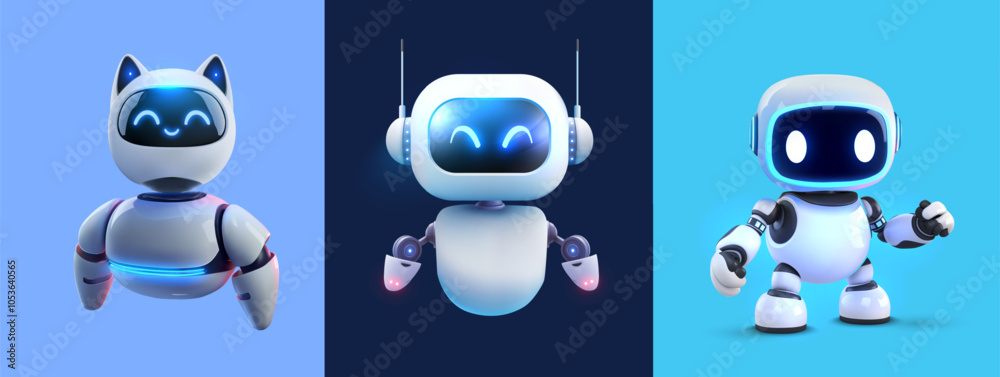 Fototapete 3d vector cartoon robots, each with unique designs and cheerful expressions. these robots are displa