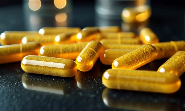 A close-up of yellow capsules on a reflective surface, likely dietary supplements or medication.