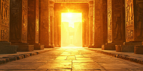 A long hallway with pillars and a sun shining through the doorway