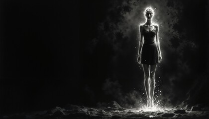 Obraz premium Ethereal silhouette of a woman illuminated by soft light in dark background
