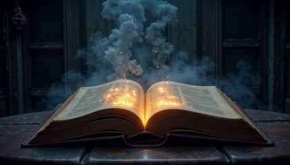 Magical glowing book with sparks and smoke in an enchanting atmosphere