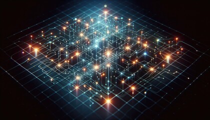 Neural Network Grid with Glowing Connections - Deep Learning Data Transmission and AI Processing Concept, Futuristic Digital Design, No People
