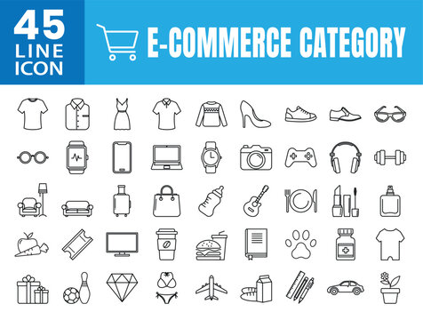 E-commerce Line Icons Set for Digital Stores and Online Shopping. 45 minimal line icons representing e-commerce items like clothing, electronics, food, and accessories. Editable Strokes