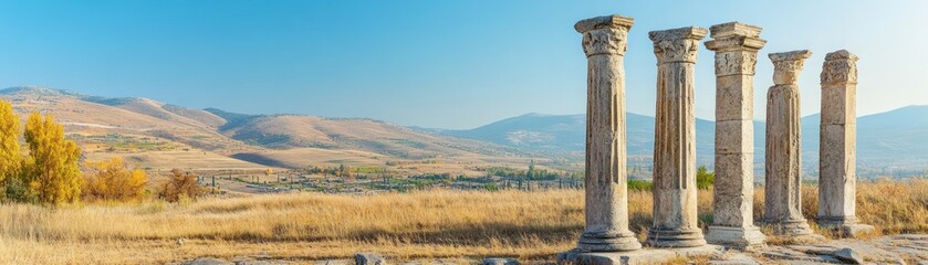 Fototapeta premium Ancient columns stand amidst a scenic landscape, showcasing historical architecture.