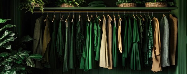 Obraz premium Chic and Stylish Wardrobe Rack Displaying a Collection of Green Neutral Dresses Perfectly Styled for the Modern Fashion Lover s Closet or Boutique Interior