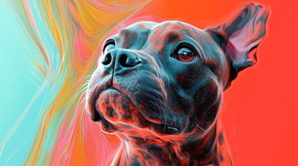 Abstract digital art of a dog with vibrant neon hues on an orange and blue background, emphasizing...