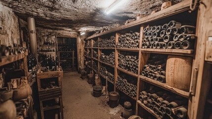 Obraz premium A rustic wine cellar filled with rows of wine bottles, stored in wooden racks for aging and preservation.