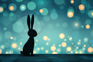 A silhouette of a rabbit sitting against a softly illuminated background of glowing orbs in a tranquil night setting