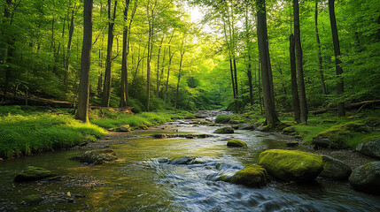 Obraz premium Serene Forest Stream Flowing Through Lush Greenery 