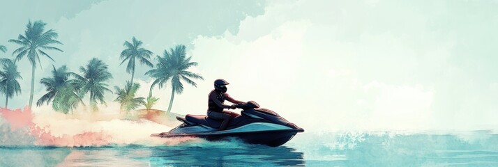 Fototapeta premium Artistic illustration of jetski in water. Summer tropical sports.
