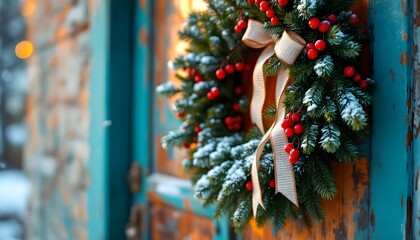 Fototapeta premium A stunning evergreen garland adorned with vibrant red berries and a luxurious bow, elegantly draped on a rustic wooden door, with soft snow gently accumulating at the base, embodying seasonal charm