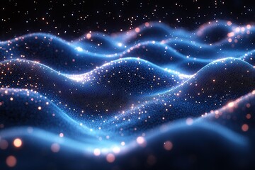 Fototapeta premium Abstract blue and orange glowing waves of particles.