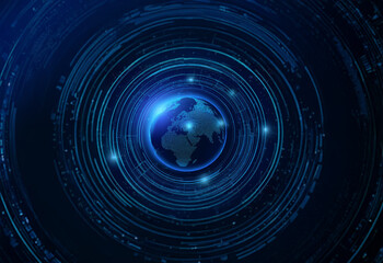 A glowing blue earth surrounded by concentric circles of digital data.
