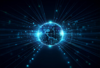 A glowing blue globe in a field of radiating blue light, suggesting rapid data transfer and global connectivity.