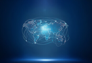 A stylized world map with a glowing blue light emanating from the center, surrounded by connected lines, representing global connection.