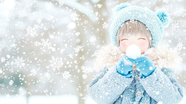 A young girl in a blue winter hat and gloves holds a snowball in front of her face, with snowflakes falling all around her.