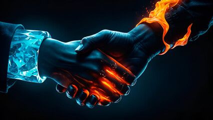 handshake Between A Fire Hand and Ice Hand, Rivals,Cooperation, Opposite nature, Power struggle