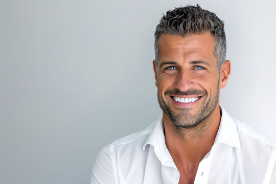 Smiling man in a white shirt poses against a light gray background, showcasing confidence and friendliness in a well-lit setting