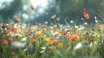 Obraz premium Wildflower Meadow with Monarch Butterflies in Blooming Season