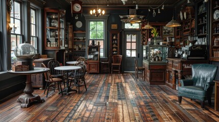Fototapeta premium Cozy Vintage Cafe Interior with Rustic Wooden Furnishings and Antique Decor