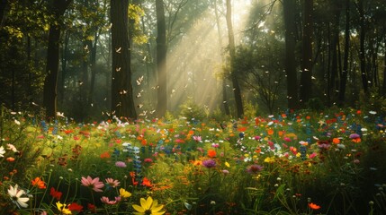 Fototapeta premium Enchanted forest clearing with wildflowers and soft rays of sunlight