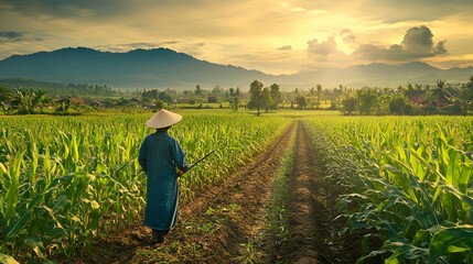 Fototapeta premium Farmer hoeing corn field from weed. 