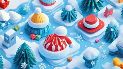 Flat 3D isometric design featuring winter hats snowflakes and frosty landscapes