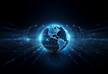 A glowing blue globe surrounded by light streaks and connected lines on a dark background.