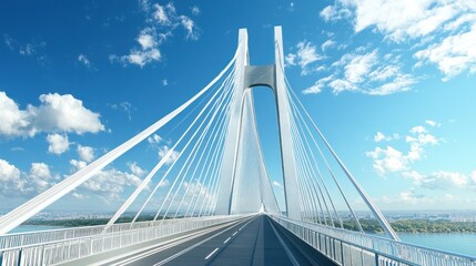 A modern cable-stayed bridge with a clear blue sky, showcasing engineering and transportation.
