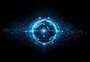 Obraz premium A glowing blue globe with a network of lines and points on a black background, suggesting global connection and digital technology.