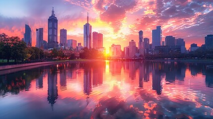 Fototapeta premium A stunning cityscape silhouette with skyscrapers reflected in a lake at sunset. The sky is ablaze with vibrant pink and orange hues.