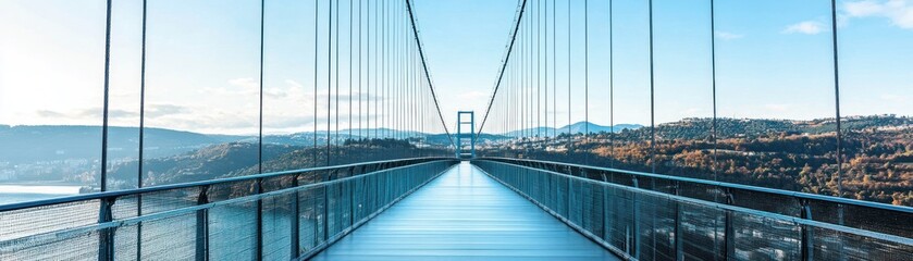 Fototapeta premium A modern suspension bridge spanning a serene landscape with mountains in the background.