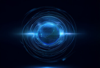 Fototapeta premium A glowing blue orb surrounded by concentric rings of light against a dark background.