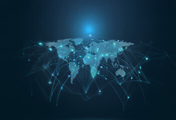 A glowing world map with connected lines depicting global communication.