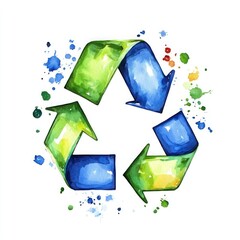 Earth Recycling Icon in Watercolor Pixel Art with Green and Blue Arrows on White - Environmental Consciousness with Artistic Flair