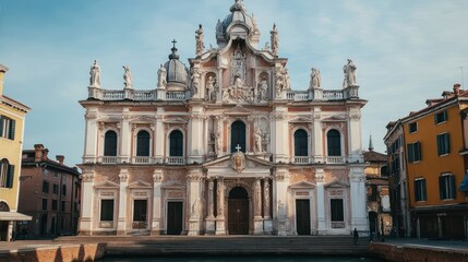Fototapeta premium A grand architectural building with intricate details and statues, set beside a canal.